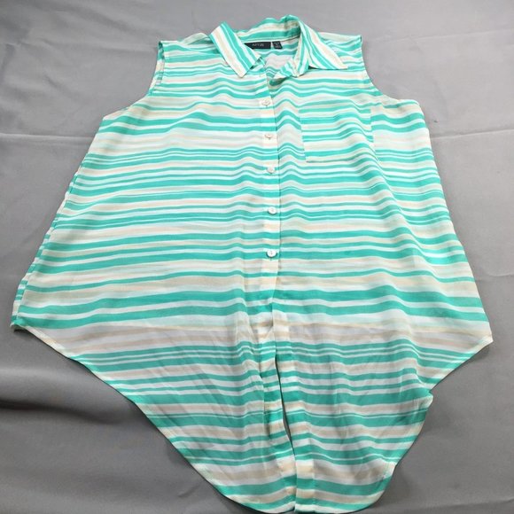 Apt 9 Womens Shirt Petite Large Green White Striped Flowy Collared See Through - Picture 1 of 9